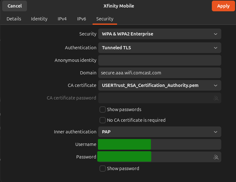 Network settings dialog in GNOME